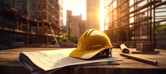 Deurstickers Yellow construction helmet on blurred background of construction site © Dzmitry Halavach