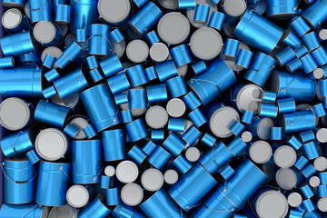Pile of spray paint cans on black background. Spray bottle and dispenser