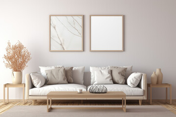 Domestic and cozy interior of living room with mock up poster frame