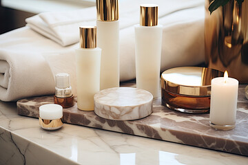 Fototapeta na wymiar Subtle and elegant flat lay of luxury skincare products on a marble surface, beauty essentials