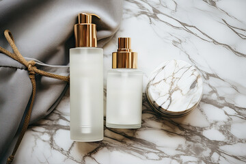 Fototapeta na wymiar Subtle and elegant flat lay of luxury skincare products on a marble surface, beauty essentials