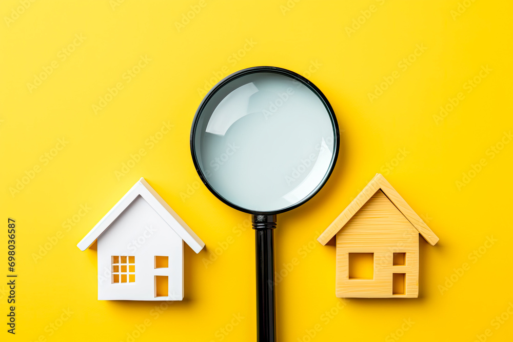 Wall mural Magnifying glass and two house icons on yellow background. House search, home buying and selling, loan, mortgage and real estate investment. Choice of real estate to buy and invest in