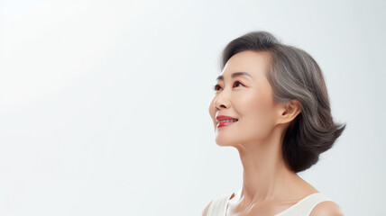 Fototapeta premium side view Attractive gorgeous mature older asian woman looking at camera isolated on white background