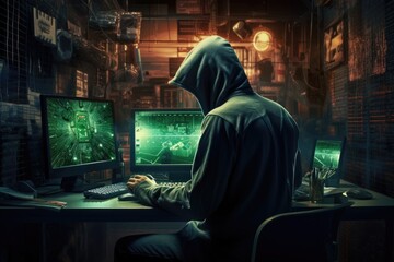 hacker in a hood with a laptop on a dark