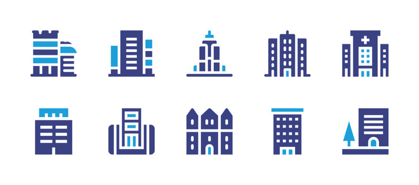 Building icon set. Duotone color. Vector illustration. Containing buildings, apartment, building automation, building, empire state building, hospital building.