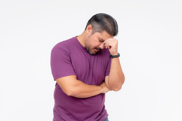 A middle aged man looking disappointed in himself, regretting some bad decisions. Struggling with weight gain, financial hardship, and relationship troubles. Isolated on a white background. - Powered by Adobe