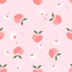Seamless pattern of heart shape peach fruit with green leaf and daisy flower on pink background vector. Cute fruit print.