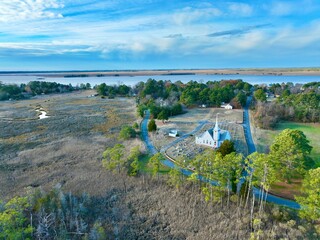 Aerial view of a white, old-fashioned church in the city of Princess Anne, Mount Vernon, Maryland
