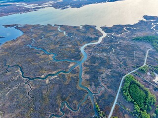 Aerial view of Princess Anne, Maryland with marshlands and waterways