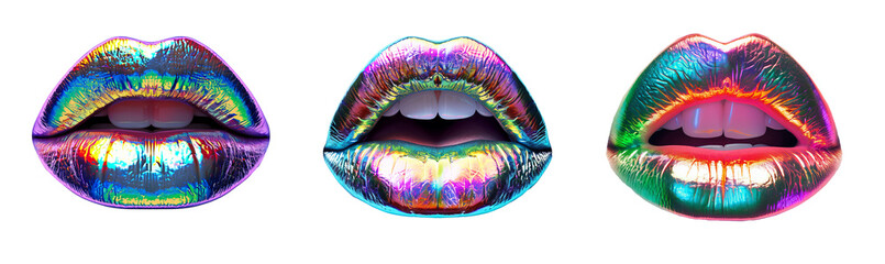 Fototapeta premium Set of holographic lips on transparent background