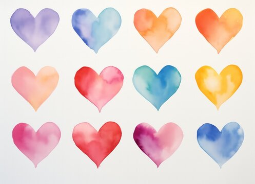 Multicolored watercolor hearts on white background by Generative AI