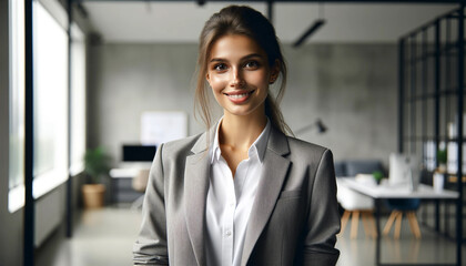 25yearold businesswoman smiling with her hair tied back standing in a minimalist office