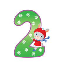 Big green digit two decorated with snowflakes with cute rabbit in red hat on it