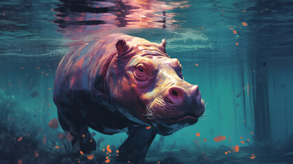 A digital illustration featuring the abstraction of a massive, weighty hippopotamus submerged in aquatic hues.
