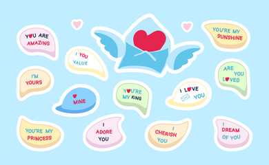 Stickers. Love phrases in talking bubbles for Valentines day on a blue background. Letter with wings and heart. Vector illustration