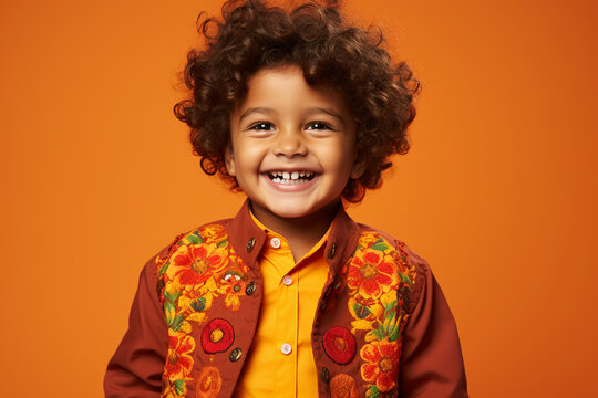 A young boy with Mexican heritage on a fiery orange background, donning an energetic orange attire that reflects the vibrancy of his culture.
