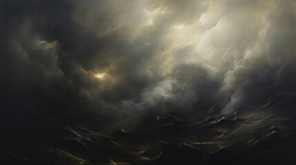An abstract depiction of a storm, with dark, heavy clouds swirling in a tempestuous dance. - obrazy, fototapety, plakaty