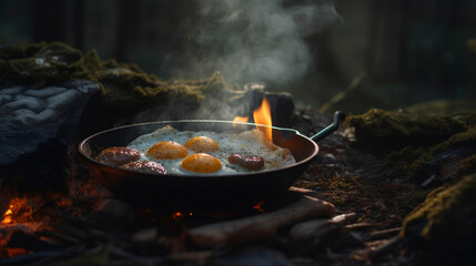 eggs on the skillet ovr fire, generative ai