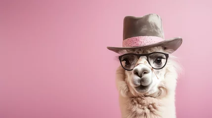 Foto auf Alu-Dibond Smart alpaca with fancy hat purple bow tie and glasses on light pink background © Rames studio