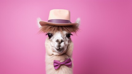 Cute and big eyes alpaca with fancy hat purple bow tie and glasses on pink background
