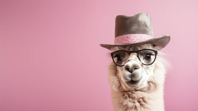 Smart alpaca with fancy hat purple bow tie and glasses on light pink background