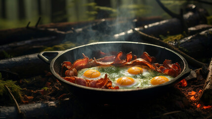 Rustic Culinary Adventure: Skillet Breakfast in the Forest, Generative AI