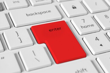 Large red Enter button on white keyboard for web design, tech blogs, and software interfaces....