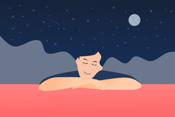 Young people with closed eyes, sleeping, and night starry sky. Dreaming or daydreaming. Vector illustration.