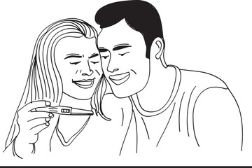 Cartoon illustration of joyful couple finding out pregnancy results "Happy young couple surprised by positive pregnancy test sketch"