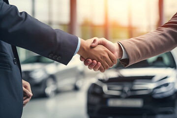businessman handshake for buying new car - obrazy, fototapety, plakaty