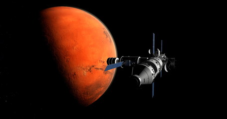 Spaceship arriving at planet Mars, space mission to the red plan