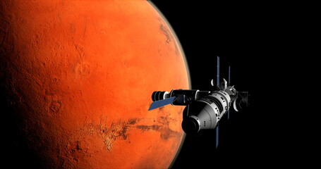 Spaceship arriving at planet Mars, space mission to the red plan