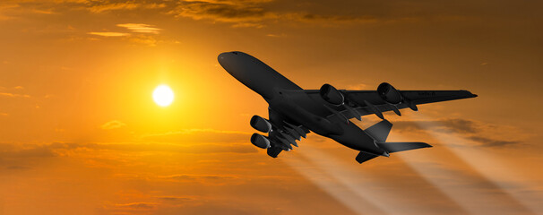 Passenger plane on the sunset sky background