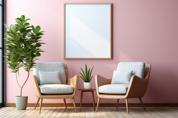 Square mockup poster or painting on pink wall in living room