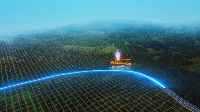 Futuristic high-tech concept road is transformed with graphics special effects into digitalized advanced autonomous power transmission lines with 3D digital visualization of electricity 3d geo scan
