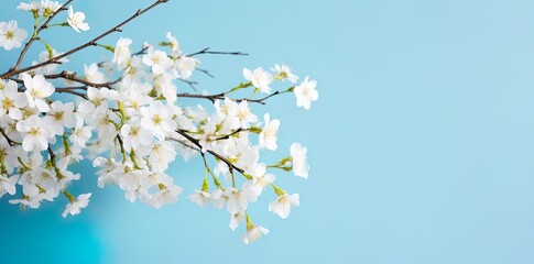 Obraz na płótnie Canvas White cherry, apple blossom on tree branch. Blue sky background, blurred clouds. Card for spring, celebration of new season.