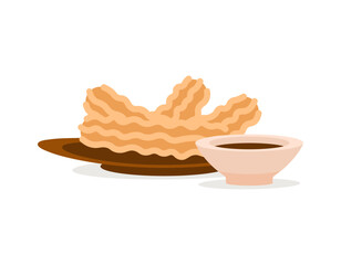 Illustration of churros served on a plate. A plate of churros with a bowl of chocolate sauce. Spanish and Portuguese traditional dishes. pastry dishes. food, snacks, bread, cakes. illustration design