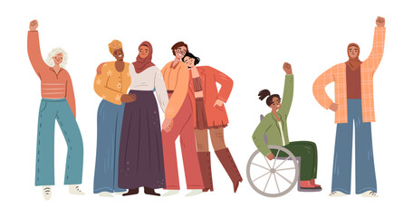 Unity and equality, isolated female characters diversity and rights protection. Vector women day celebration, girls power and empowerment movement, unity and fight for social just and support