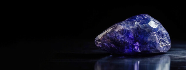 Tanzanite is a rare precious natural stone on black background. AI generated. Header banner mockup with space.