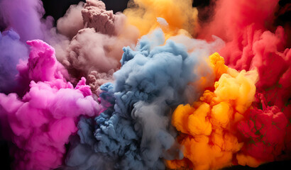bright multicolored pigments in Holi festival style with bright color clouds in the air