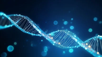 Fototapete Helix-Brücke DNA. Abstract 3d polygonal wireframe DNA molecule helix spiral on blue. Medical science, genetic biotechnology, chemistry biology, gene cell concept