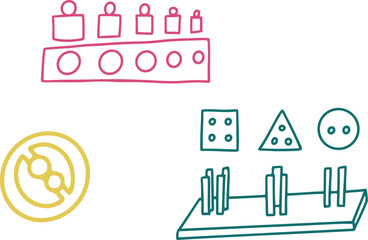 Daycare doodle icons set. Doodle kindergarten montessori toys for nursery, school - wooden shapes with holes. Barrels with different weights. Vector illustration