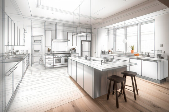 Beautiful kitchen project in different stages from conception to construction,
