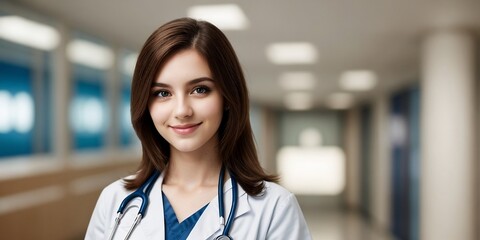 Obraz premium A professional female doctor confidently smiling with a hospital background, copy space.