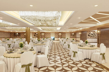 Luxurious wedding reception in a grand and glamorous indoor ballroom 3d render 