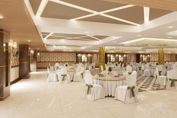 Luxurious wedding reception in a grand and glamorous indoor ballroom 3d render 