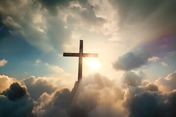 A holy wooden cross stands on Mount Golgotha, surrounded by clouds and sunlight. Concept of resurrection of Jesus Christ, Happy Easter