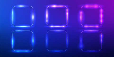 Set of six neon frames with shining effects
