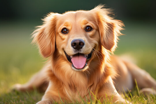 A dog of the Golden Retriever breed lies on the green grass in the park during a walk.