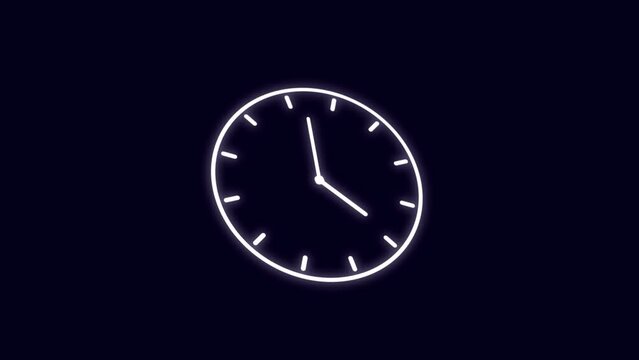time-lapse of clock on dark blue background. Black clock icon with moving arrows in 12 hour loop. Stopwatch animation. 4K clock spinning, watch animation